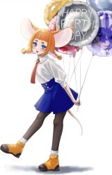 1girl :d animal_ears balloon black_pantyhose blue_eyes blue_skirt blunt_bangs blush boots braid collared_shirt colored_inner_hair commentary_request dachievgshower from_side full_body happy_birthday head_tilt high-waist_skirt highres holding holding_balloon indie_virtual_youtuber long_hair looking_at_viewer looking_to_the_side low_twin_braids mau-chan_(7name) mouse_ears mouse_girl mouse_tail multicolored_hair necktie open_mouth orange_footwear orange_hair pantyhose pink_hair pleated_skirt puffy_sleeves red_necktie school_uniform shirt shirt_tucked_in short_eyebrows sidelocks simple_background skirt sleeves_past_wrists smile socks socks_over_pantyhose solo square-end_necktie standing standing_on_one_leg star-shaped_pupils star_(symbol) symbol-shaped_pupils tail thick_eyebrows turning_head twin_braids virtual_youtuber white_background white_shirt white_socks