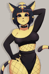 Rule 34 | 1girl, :&lt;, animal crossing, ankha (animal crossing), arm behind head, black collar, black eyes, black eyeshadow, black gloves, black hair, black nails, breasts, cleavage, collar, colored skin, commentary, cowboy shot, ear piercing, english commentary, eyeshadow, fingerless gloves, fingernails, fishnet pantyhose, fishnets, frown, gloves, goth fashion, highres, makeup, mascara, medium breasts, medium hair, midriff, navel, nintendo, off-shoulder shirt, off shoulder, pantyhose, piercing, raven nemore, sharp fingernails, shirt, solo, striped tail, tail, twitter username, yellow skin