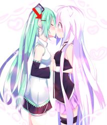 Rule 34 | 2girls, absurdres, blush, choker, closed eyes, food, green hair, holding hands, hatsune miku, highres, ia (vocaloid), interlocked fingers, kiss, long hair, multiple girls, muse loss, pink hair, pocky, pocky day, skirt, thighhighs, twintails, very long hair, vocaloid, yuri