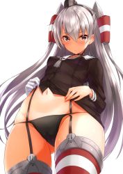 Rule 34 | 10s, 1girl, agarwood, amatsukaze (kancolle), black bra, black panties, blush, bra, brown eyes, cameltoe, choker, garter straps, gloves, hair tubes, kantai collection, long hair, looking at viewer, no pants, panties, sailor collar, see-through, silver hair, simple background, solo, striped clothes, striped thighhighs, thighhighs, two side up, underwear, white background, white gloves