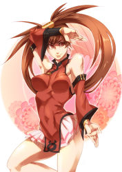 Rule 34 | 1girl, arc system works, bad id, bad pixiv id, bare shoulders, breasts, brown eyes, brown hair, china dress, chinese clothes, detached sleeves, dj kaka, dress, female focus, guilty gear, impossible clothes, impossible shirt, kuradoberi jam, long hair, miniskirt, shirt, skin tight, skirt, solo, very long hair