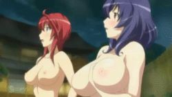 Rule 34 | 2girls, animated, animated gif, blue hair, blush, bouncing breasts, breasts, covered erect nipples, grabbing, grabbing another&#039;s breast, inverted nipples, large breasts, lowres, multiple girls, nipples, nude, onsen, oribe mafuyu, red hair, seikon no qwaser, yamanobe tomo