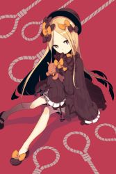 Rule 34 | 1girl, abigail williams (fate), black bow, black dress, black hat, blonde hair, bloomers, blue eyes, bow, dress, fate/grand order, fate (series), frilled dress, frills, full body, hair bow, hat, highres, holding, holding stuffed toy, knees together feet apart, long hair, looking at viewer, miitarou, noose, parted bangs, parted lips, polka dot, polka dot bow, red background, sitting, sleeves past wrists, slippers, solo, stuffed animal, stuffed toy, teddy bear, underwear, very long hair, wide sleeves, yellow bow