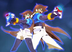 Rule 34 | 1boy, 1girl, abs, aile (mega man zx), biometal, black bodysuit, blue background, bodysuit, bodysuit under clothes, breasts, brown hair, covered navel, cropped jacket, dark background, feet out of frame, glowing, green eyes, henshin pose, holding, jacket, kon (kin219), long hair, looking at viewer, mega man (series), mega man zx, mega man zx advent, model x (mega man), model z (mega man), open clothes, open jacket, open mouth, pants, ponytail, short sleeves, shorts, small breasts, smile, vent (mega man), white pants, white shorts