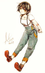 Rule 34 | 1girl, arms behind back, breasts, brown hair, kuina (escapegoat), looking at viewer, short hair, simple background, solo, suspenders, white background
