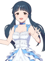 Rule 34 | 1girl, bare arms, bare shoulders, black hair, blue bow, bow, breasts, brown eyes, character request, chiyoko (tykchiyo), cleavage, collarbone, commentary request, dress, highres, idolmaster, idolmaster cinderella girls, kitakami reika, long hair, looking at viewer, medium breasts, simple background, sol, solo, twintails, white background, white dress