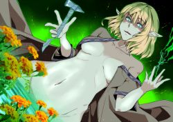 Rule 34 | 1girl, aura, blonde hair, bottomless, breasts, collarbone, crazy eyes, dutch angle, energy, floating, floating object, flower, green eyes, groin, hammer, hands up, hip bones, holding, jacket, looking at viewer, medium breasts, medium hair, mizuhashi parsee, nail, navel, no bra, open clothes, open jacket, parted lips, partially submerged, pointy ears, potato pot, shaded face, short sleeves, sidelocks, smile, solo, stomach, touhou, upper body