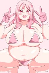 Rule 34 | 1girl, acryl c, belly, bikini, breasts, cleavage, double v, fat, gloves, highres, huge breasts, large breasts, open mouth, original, pink eyes, pink hair, solo, squatting, swimsuit, thick thighs, thighs, v