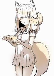 Rule 34 | 1girl, :o, animal, animal ears, animal on shoulder, cowboy shot, food, fox, fox ears, fox girl, fox tail, hands up, holding, holding plate, legs together, long hair, looking at viewer, monochrome, open mouth, original, plate, pleated skirt, sailor collar, school uniform, serafuku, short sleeves, sidelocks, simple background, skirt, suzumori uina, tail, thighs, tofu