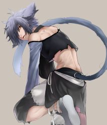 Rule 34 | 1boy, cat tail, crop top, foot out of frame, grey background, grey hair, hair over one eye, hans humpty, komiya harumoto, looking back, male focus, midriff, rokka no yuusha, short hair, simple background, solo, standing, standing on one leg, tail, toned, toned male