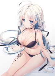 Rule 34 | 1girl, absurdres, ahoge, bare shoulders, bikini, black bikini, black choker, blue eyes, blue nails, braid, breasts, butterfly tattoo, choker, cleavage, closed mouth, expressionless, facial tattoo, highres, huge filesize, jewelry, large breasts, leg tattoo, long hair, looking at viewer, mole, mole on shoulder, nail polish, naru 0, navel, original, piercing, ring, silver hair, simple background, solo, swimsuit, tattoo, thighs, twitter username, very long hair, white background