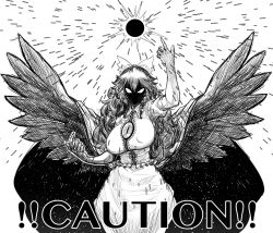 Rule 34 | !, !!, 1girl, arm up, bare arms, bird wings, blank eyes, bow, breasts, cape, caution, collared shirt, covered erect nipples, cowboy shot, energy, exabyte (parallax05), faceless, frilled shirt, frills, greyscale, hair between eyes, hair bow, hand up, highres, impossible clothes, impossible shirt, index finger raised, large breasts, long hair, looking at viewer, monochrome, reiuji utsuho, shirt, short sleeves, skirt, slit pupils, solo, spread wings, starry sky print, third eye, touhou, v-shaped eyes, wings