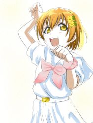 Rule 34 | 1girl, a song for you! you? you!, artist name, artist request, belt, blush, breasts, clenched hands, female focus, flower, green eyes, hair between eyes, hair flower, hair ornament, hanamaruyama628, highres, hoshizora rin, looking at viewer, love live!, love live! school idol project, neckerchief, orange hair, pink neckerchief, pink scrunchie, sailor collar, scrunchie, shirt, short hair, skirt, small breasts, solo, white background, white belt, white shirt, white skirt, wrist scrunchie, yellow eyes, yellow flower