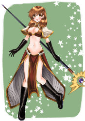 Rule 34 | 1girl, 74, bikini, bikini top only, black footwear, black gloves, blush, boots, breasts, brown bikini, brown eyes, brown hair, brown skirt, capelet, cleavage, commentary request, elbow gloves, full body, gloves, green background, highres, holding, holding staff, long hair, looking at viewer, mage (ragnarok online), medium breasts, midriff, navel, open mouth, pelvic curtain, ragnarok online, showgirl skirt, skirt, smile, solo, staff, star (symbol), swimsuit, white capelet