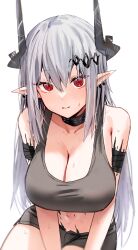 Rule 34 | 1girl, arknights, black choker, black horns, black shorts, blush, breasts, choker, cleavage, closed mouth, collarbone, commentary request, grey hair, hair between eyes, highres, horn/wood, horns, large breasts, long hair, looking at viewer, material growth, midriff, mudrock (arknights), navel, oripathy lesion (arknights), pointy ears, red eyes, short shorts, shorts, simple background, sitting, solo, sweat, thighs, white background