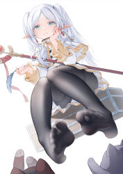 Rule 34 | 1girl, :3, aqua eyes, artist name, black pantyhose, capelet, cat, cat teaser, dangle earrings, dress, drop earrings, earrings, elf, feet, frieren, hand on own cheek, hand on own face, head rest, highres, holding, holding staff, jewelry, legs, long hair, looking at viewer, mage staff, no shoes, pantyhose, parted bangs, pointy ears, shirt, sitting, soles, solo, sousou no frieren, staff, striped clothes, striped shirt, suaynnai wanzi, suitcase, thick eyebrows, thighband pantyhose, toe seam, toes, twintails, white background, white capelet, white dress, white hair