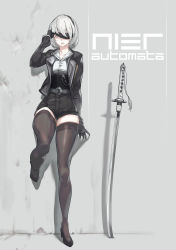 Rule 34 | 1girl, absurdres, alternate costume, blindfold, blindfold lift, copyright name, gloves, grey eyes, high heels, highres, jacket, katana, nier (series), nier:automata, planted, planted sword, planted weapon, shorts, solo, sword, thighhighs, urorong, weapon, 2b (nier:automata)