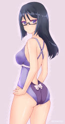 Rule 34 | 1girl, absurdres, alice gear aegis, ass, black-framed eyewear, black hair, breasts, casual one-piece swimsuit, commentary request, cowboy shot, glasses, hands on own hips, highres, long hair, momoshina fumika, one-piece swimsuit, purple background, purple eyes, purple one-piece swimsuit, rasen manga, sideboob, simple background, solo, swimsuit