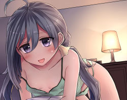 Rule 34 | 10s, 1girl, ahoge, bare shoulders, blush, breasts, camisole, collarbone, desk lamp, downblouse, green panties, hair between eyes, highres, kantai collection, kiyoshimo (kancolle), lamp, long hair, neit ni sei, no bra, panties, polka dot, polka dot panties, purple eyes, shelf, shiny skin, silver hair, sleeveless, small breasts, solo, strap slip, sweatdrop, thigh gap, underwear, underwear only