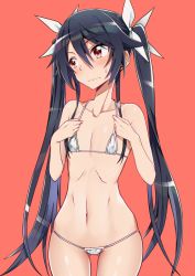 Rule 34 | 1girl, bare arms, bare shoulders, bikini, black hair, blush, closed mouth, collarbone, cowboy shot, embarrassed, flat chest, gluteal fold, hair between eyes, hair ribbon, hands up, head tilt, long hair, looking away, looking to the side, micro bikini, navel, ore twintail ni narimasu, red background, red eyes, ribbon, shiny skin, sidelocks, simple background, solo, standing, stomach, sweatdrop, swimsuit, tsube aika, twintails, very long hair, white bikini, white ribbon, yuto (dialique)