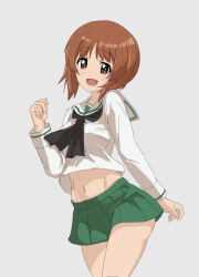 Rule 34 | 1girl, black neckerchief, blouse, blush, breasts, brown eyes, brown hair, commentary, commentary request, girls und panzer, green skirt, grey background, long sleeves, looking at viewer, mal (malmlamal), medium breasts, miniskirt, navel, neckerchief, nishizumi miho, ooarai school uniform, open mouth, school uniform, serafuku, shirt, short hair, simple background, skirt, smile, solo, standing, uniform