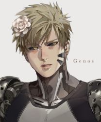 Rule 34 | 1boy, absurdres, black sclera, blonde hair, character name, colored sclera, commentary, ctstudio (executional), cyborg, earrings, flower, genos, hair flower, hair ornament, highres, jewelry, looking away, looking to the side, male focus, one-punch man, parted lips, portrait, short hair, sideways glance, simple background, solo, yellow eyes
