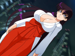 Rule 34 | 1girl, angry, bishoujo senshi sailor moon, blue eyes, blurry, blurry background, breasts, building, cleavage, closed mouth, earrings, floating hair, from below, hakama, hakama short skirt, hakama skirt, highres, hino rei, huge breasts, japanese clothes, jewelry, lento (glamour works), long hair, looking at viewer, miko, night, outdoors, purple hair, sailor mars, skirt, sky, solo, standing, stud earrings, wallpaper, wide sleeves