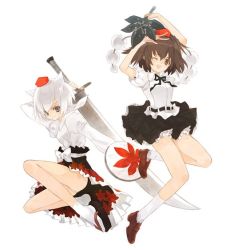 Rule 34 | 2girls, arms up, bad id, bad pixiv id, bare legs, black ribbon, black skirt, bow, breasts, brown eyes, brown footwear, brown hair, female focus, hat, holding, holding weapon, inubashiri momiji, long sleeves, looking at viewer, miniskirt, multiple girls, ni (2shi), one eye closed, open mouth, petticoat, puffy short sleeves, puffy sleeves, ribbon, shameimaru aya, shirt, shoes, short hair, short sleeves, simple background, skirt, small breasts, smile, socks, sword, touhou, weapon, white background, white bow, white hair, white legwear, white shirt, wink