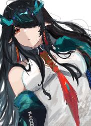 Rule 34 | 1girl, arknights, bare shoulders, black hair, breasts, colored skin, dragon horns, dress, dusk (arknights), dutch angle, earrings, green hair, green skin, hair over one eye, horns, jannong, jewelry, long hair, looking at viewer, medium breasts, multicolored hair, necktie, parted lips, pointy ears, red eyes, red necktie, simple background, sleeveless, sleeveless dress, solo, streaked hair, twitter username, two-tone hair, upper body, very long hair, white background, white dress