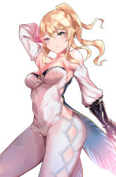 Rule 34 | 1girl, absurdres, arm behind head, armpits, bare shoulders, blonde hair, blush, breasts, cowboy shot, detached sleeves, envel203, genshin impact, groin, hair between eyes, highres, jean (genshin impact), letterboxed, looking at viewer, medium breasts, solo, thighs, white background