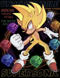 Rule 34 | 1boy, chaos emerald, clenched hand, english text, furry, furry male, gloves, highres, male focus, red eyes, shoes, solo, sonic (series), sonic the hedgehog, super sonic, wahl art1997, white gloves
