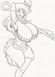 Rule 34 | artist request, breasts, cleavage, dragon&#039;s crown, hat, highres, huge breasts, monochrome, sorceress (dragon&#039;s crown), staff, vanillaware, weapon