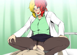 Rule 34 | 1girl, bed, black skirt, blue eyes, blush, breasts, chara soon, clothed female nude male, clothing aside, cunnilingus, glasses, greco roman (spiral brain), gundam, gundam zz, hair up, highres, indoors, lab coat, large breasts, legs, licking, looking down, lying, makeup, multicolored hair, nude, oral, panties, panties aside, panties under pantyhose, pantyhose, parted lips, pussy, pussy juice, sitting, sitting on face, sitting on person, skirt, smile, sweat, thighs, tongue, torn clothes, torn legwear, uncensored, underwear, wet