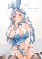 Rule 34 | 1girl, animal ears, armpit crease, asymmetrical bangs, bare arms, bare shoulders, between legs, black thighhighs, blue bow, blue bowtie, blue eyes, blue garter straps, blue panties, blue theme, blunt bangs, blush, bow, bow panties, bowtie, braid, breasts, bustier, cleavage, closed mouth, collar, colored eyelashes, commentary, commission, detached collar, eyelashes, fake animal ears, frilled panties, frills, frown, garter straps, grey background, groin, hair bow, hand between legs, hand to own mouth, hand up, heart, highres, large breasts, leotard, linea alba, long hair, looking at viewer, midriff peek, miyako (xxxbibit), navel, original, panties, playboy bunny, rabbit ears, signature, silver hair, simple background, sitting, solo, stomach, symbol-only commentary, thighhighs, two-tone background, underwear, wariza, white background, white collar, white wrist cuffs, wrist cuffs