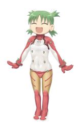 Rule 34 | 1girl, 404, 4chan, ^ ^, adapted costume, arms at sides, child, closed eyes, drawfag, full body, green hair, highres, http status code, jadf, koiwai yotsuba, neon genesis evangelion, non-web source, open mouth, parody, parted bangs, plugsuit, quad tails, see-through, simple background, solo, standing, white background, yotsubato!