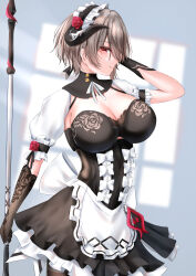 Rule 34 | 1girl, apron, bow, breasts, brown hair, fishnet gloves, fishnets, floral print, flower, frilled apron, frills, gloves, hair over one eye, highres, holding, holding weapon, honkai (series), honkai impact 3rd, horns, large breasts, maid, match (scp115), mole, mole under eye, red eyes, red flower, red rose, ribbon, rita rossweisse, rose, rose print, short hair, smile, solo, two-tone dress, waist apron, weapon, white bow, white ribbon