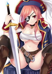 Rule 34 | 1girl, bad id, bad pixiv id, belt, blush, boots, breasts, brown footwear, brown hair, cleavage, cross-laced footwear, eyepatch, harimoji, hat, highres, knee boots, lace-up boots, large breasts, looking at viewer, midriff, navel, original, pink hair, pirate, red eyes, sarashi, sitting, skull and crossbones, smile, solo, sword, underboob, weapon
