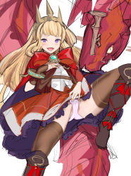 Rule 34 | 10s, 1girl, :d, blonde hair, blush, bow, bowtie, bracelet, brooch, brown thighhighs, cagliostro (granblue fantasy), cameltoe, cape, clothes lift, crown, granblue fantasy, hand on own chest, highres, jewelry, leg up, lifting own clothes, long hair, looking at viewer, monster, naughty face, open mouth, ouroboros (granblue fantasy), panties, pink panties, purple eyes, reclining, simple background, sketch, skirt, skirt lift, smile, solo, spread legs, tetsu (kimuchi), thighhighs, underwear, white panties
