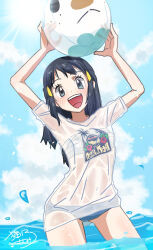 1girl akari_(pokemon) arms_up ball beachball bikini bikini_under_clothes black_hair cloud cloudy_sky creatures_(company) cumulonimbus_cloud day eyelashes game_freak gen_5_pokemon grey_eyes hair_ornament hairclip highres holding holding_ball long_hair looking_at_viewer navel nintendo open_mouth oshawott outdoors pokemon pokemon_legends:_arceus print_shirt sarashi sasami_642 see-through see-through_shirt shirt signature sky solo standing strapless sunlight swimsuit tube_top upper_body wading water wet wet_clothes wet_shirt white_shirt