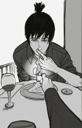 Rule 34 | 1boy, absurdres, bara, chainsaw man, collared shirt, cup, drinking glass, facing viewer, greyscale, hand up, hayakawa aki, highres, holding, holding lighter, lighter, lighting cigarette, long sleeves, male focus, monochrome, plate, ponytail, pov, pov across table, pov dating, pov hands, shirt, short hair, sleeves rolled up, smokerichi, solo focus, wine glass