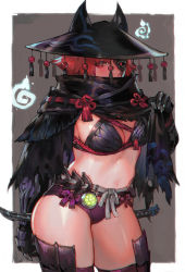 Rule 34 | 1girl, adapted costume, aoin, bikini, breasts, cape, cleavage, cloak, covering own mouth, fake horns, gauntlets, glowing, glowing eye, half mask, hat, highres, horned headwear, horns, looking at viewer, mask, monster hunter, monster hunter: world, monster hunter (series), navel, odogaron (armor), odogaron (master rank armor), red hair, solo, stomach, swimsuit, sword, thighhighs, thighs, weapon
