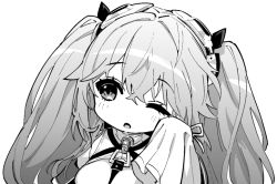 Rule 34 | 1girl, anchorage (azur lane), azur lane, chibi, cleavage cutout, close-up, clothing cutout, greyscale, hair between eyes, hair ornament, hand on own cheek, hand on own face, hori (hori no su), long hair, long sleeves, looking to the side, monochrome, one eye closed, simple background, solo, twintails, white background