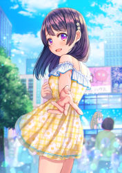 Rule 34 | 1girl, bare shoulders, black hair, blush, bobby pin, breasts, building, city, dress, hair ornament, highres, long hair, looking at viewer, looking to the side, medium breasts, medium hair, multicolored hair, open mouth, original, pinafore dress, pink eyes, sidelocks, sky, skyscraper, sleeveless dress, solo, soramame tomu, standing, sundress, thighs, yellow dress