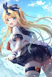 Rule 34 | 1girl, :d, black skirt, blonde hair, blue eyes, cloud, crop top, crop top overhang, day, emu alice, floating hair, gomano rio, hair ribbon, highres, leaning forward, liver city, long hair, looking at viewer, looking back, midriff, miniskirt, neckerchief, open mouth, outdoors, pleated skirt, rainbow, ribbon, sailor collar, school uniform, serafuku, shirt, short sleeves, skirt, smile, solo, thigh strap, wading, water, wet, white shirt, wrist cuffs