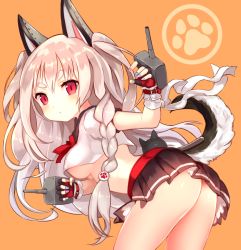 Rule 34 | 1girl, animal ears, arched back, ass, azur lane, black skirt, blush, braid, breasts, closed mouth, crop top, dog ears, dog tail, fingerless gloves, from side, gloves, leaning forward, long hair, looking at viewer, looking back, medium breasts, microskirt, nail polish, orange background, paw print, paw print background, pleated skirt, red eyes, red gloves, school uniform, serafuku, side braid, silver hair, simple background, skirt, solo, sukemyon, tail, thick eyebrows, thighs, tsurime, turret, two side up, underboob, yuudachi (azur lane)