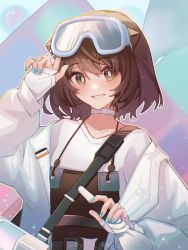 Rule 34 | 1girl, adjusting eyewear, animal ears, apron, arknights, arms up, bag, black apron, blue nails, blush, bright pupils, brown eyes, brown hair, chinese commentary, choker, collarbone, commentary request, goggles, goggles on head, grin, highres, holding, jacket, lierenfelon, long sleeves, makeup brush, making-of available, multicolored background, nail polish, off shoulder, open clothes, open jacket, parted lips, procreate (medium), roberta (arknights), shirt, short hair, shoulder bag, smile, solo, upper body, white apron, white choker, white shirt