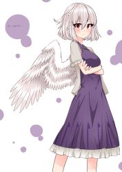 Rule 34 | 1girl, adapted costume, blush, braid, crossed arms, dress, egret, feathered wings, french braid, hair between eyes, highres, jacket, kishin sagume, looking at viewer, open clothes, open jacket, purple dress, red eyes, short hair, short sleeves, silver hair, single wing, solo, standing, touhou, twitter username, white background, white wings, wings