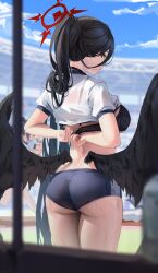 Rule 34 | 1girl, ass, black bra, black hair, black wings, blue archive, blue buruma, blue sky, blurry, blurry background, bra, breasts, buruma, closed mouth, clothes lift, feathered wings, from behind, gym uniform, halo, hasumi (blue archive), hasumi (track) (blue archive), highres, large breasts, large wings, leviathan (hikinito0902), long bangs, long hair, looking at viewer, looking back, mole, mole under eye, official alternate costume, outdoors, ponytail, profile, red eyes, removing bra, see-through, see-through shirt, shirt, shirt lift, short sleeves, sky, solo, sweat, underwear, white shirt, wings, yuuka (blue archive), yuuka (track) (blue archive)