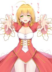 Rule 34 | 10s, 1girl, ahoge, blonde hair, blush, breasts, cleavage, commentary request, dress, epaulettes, fate/extra, fate (series), gluteal fold, green eyes, heart, highres, leotard, leotard under clothes, looking at viewer, nero claudius (fate), nero claudius (fate) (all), nero claudius (fate/extra), outstretched arms, reaching, reaching towards viewer, red dress, see-through, simple background, solo, takeyuu, translated, white background
