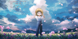 Rule 34 | 1girl, blue eyes, blue overalls, blue sky, cloud, cloudy sky, commission, day, field, flower, flower field, hat, highres, kofi59652451, original, outdoors, overalls, petals, scenery, shirt, short hair, skeb commission, sky, solo, standing, straw hat, thank you, white hair, white shirt